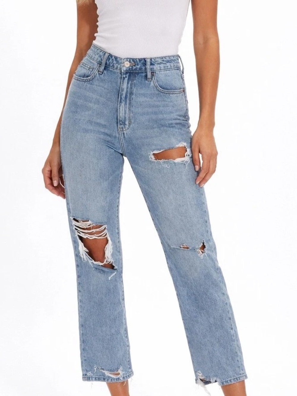 HIDDEN (31) Tracey Distressed Straight Leg Jeans Medium Wash High Rise Ankle